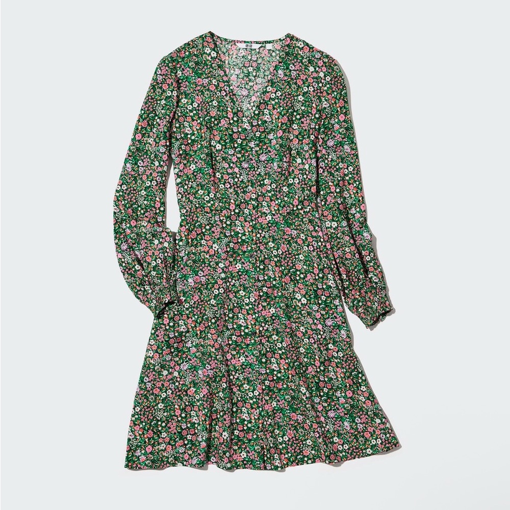 Uniqlo Long Sleeve Floral Dress - Green and Pink